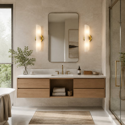 2-Pack Gold Modern Brass Bathroom Wall Sconces with Frosted Glass Cylinders and 2-Light Design for Hallway, Bedroom and Staircase