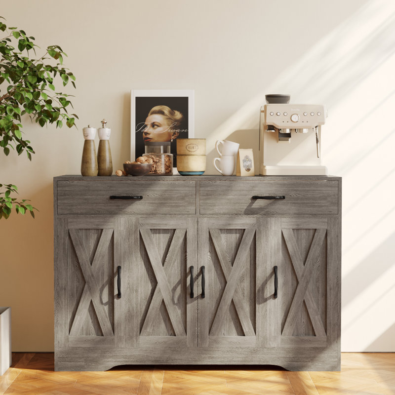 Bundrage 47.2'' Sideboard, Kitchen Island, Barn Door Storage Cabinet with Two Drawers, Gray
