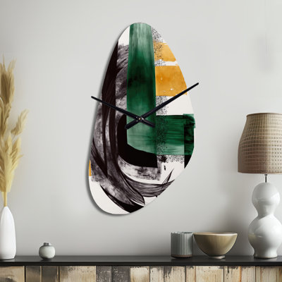 Modern Green Art Deco VI - Transitional Unique Shape Metal Clocks, Green Asymmetrical Metal Wall Clock Print