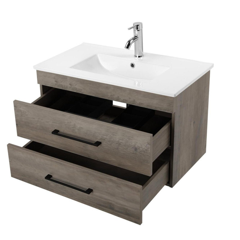 Meuble-lavabo mural avec lavabo en céramique, Gris, 32"