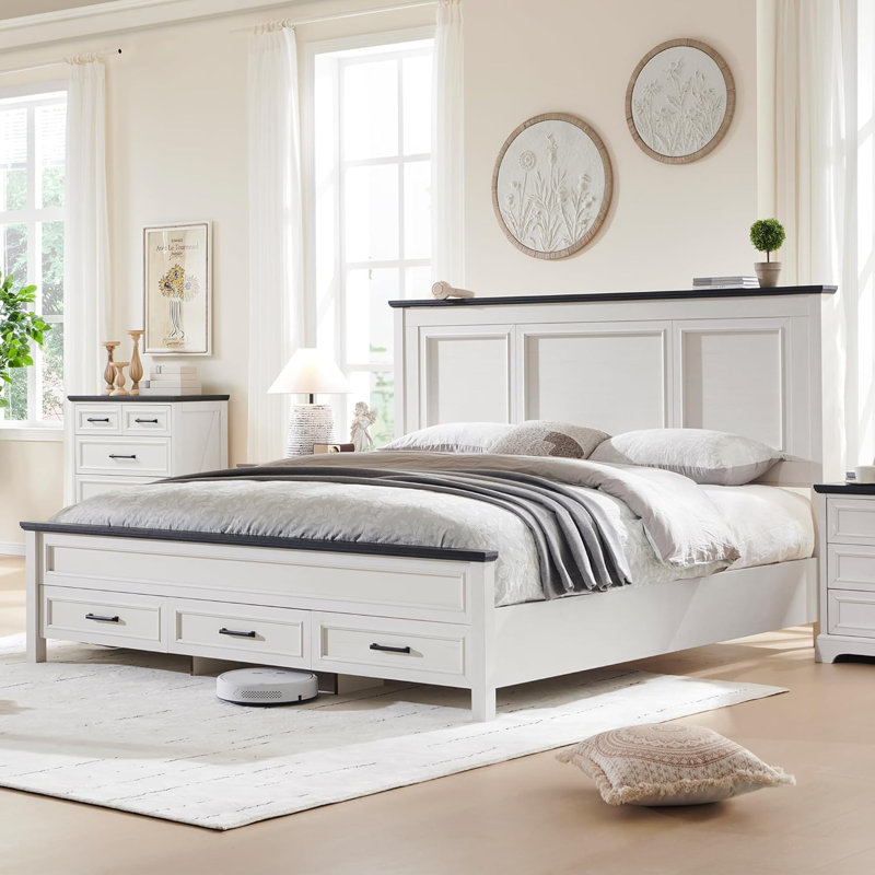 Robincroft Farmhouse Bed Frame With 52" Headboard Wood Platform Bedframe With Storage Drawers, White, King