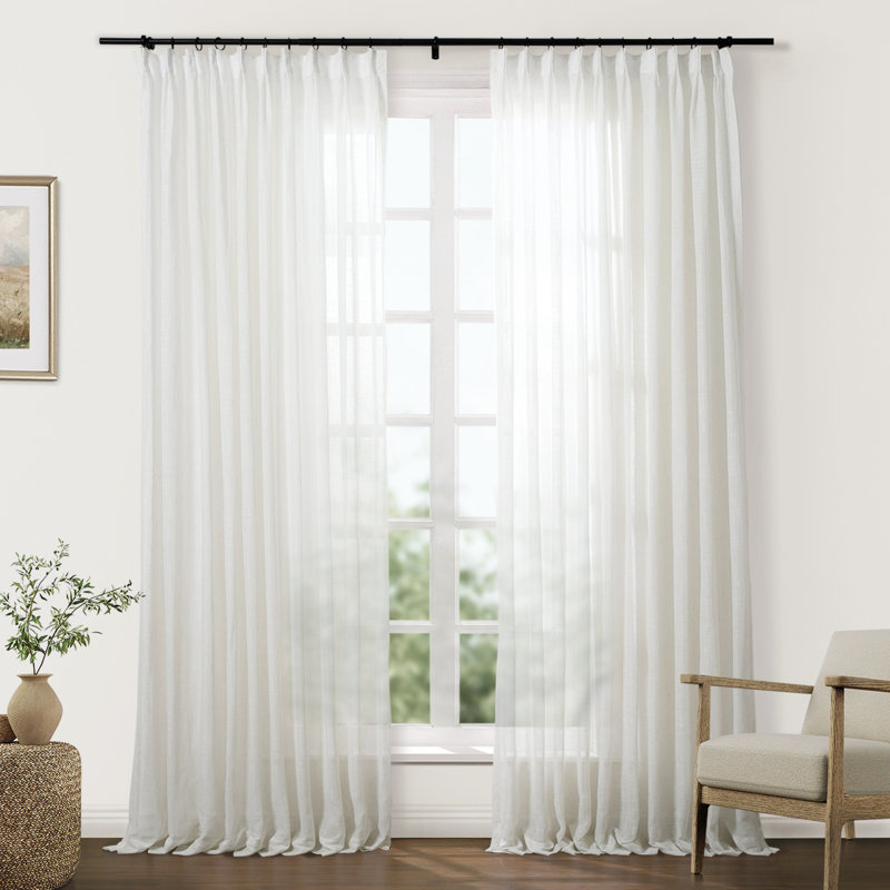 TWOPAGES Sheer Curtains Faux Linen Pinch Pleat Curtains, Set of 2, Natural, 26" W x 96" L
