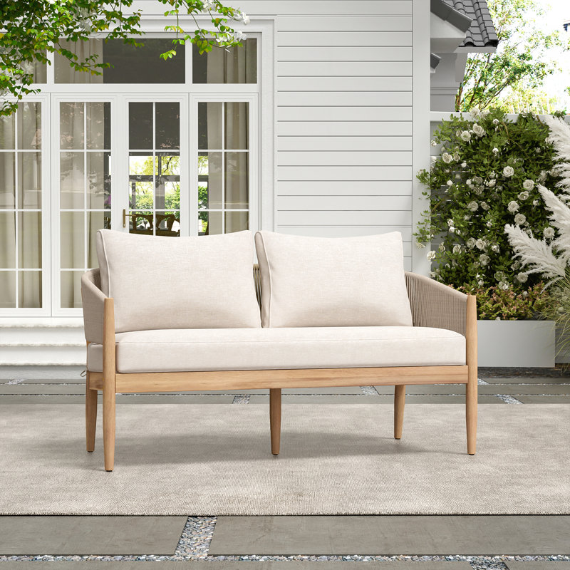 Causeuse d'extérieur en bois d'acacia de patio, durable et élégante avec coussins beiges et corde brun clair