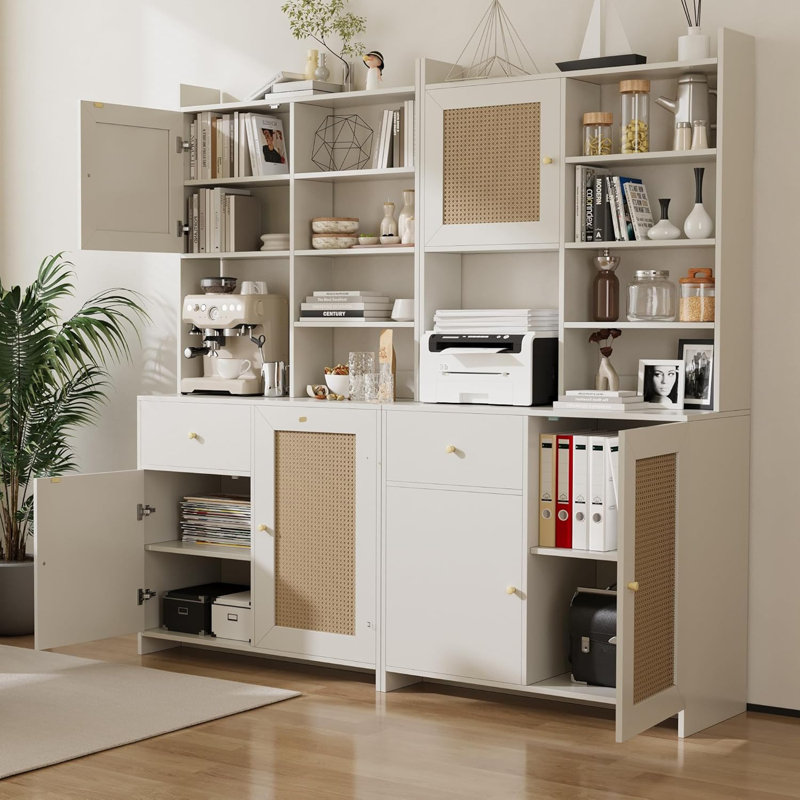 71" Tall Kitchen Pantry Cabinet with Microwave Stand, 3 Adjustable Shelves, Drawer & Rattan Doors, White, White