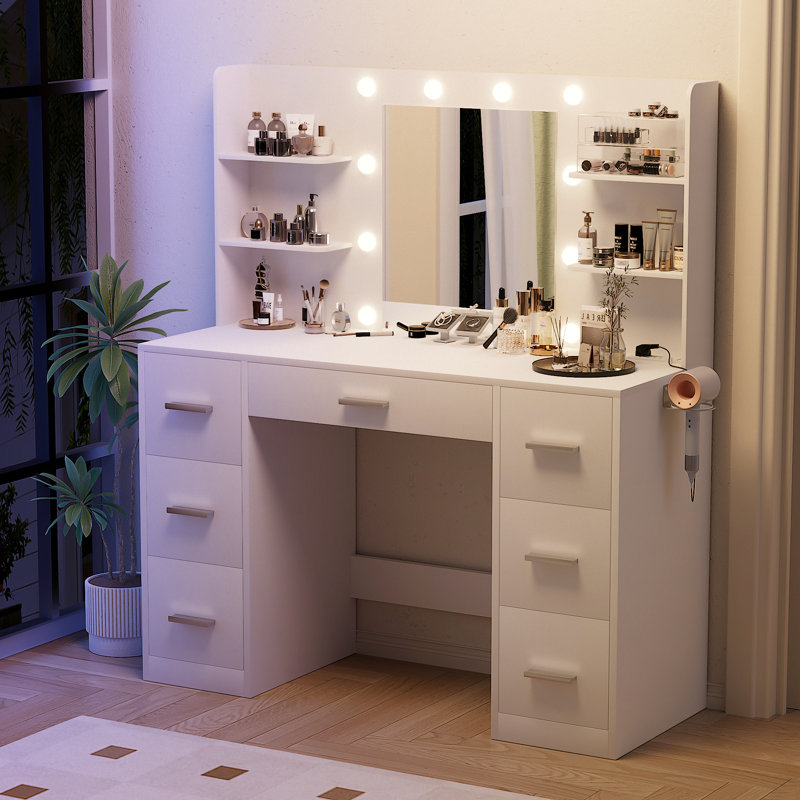 Makeup Vanity With Led Lighted Mirror And Built-In Power Supply, White