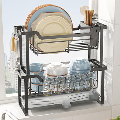 2-Tier Dish Drying Rack with Drainboard, Large Capacity Dish Racks for Kitchen Counter Shelf (Black)