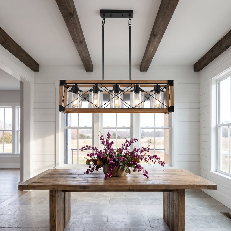 Luminaire suspendu 32 po en bois de noyer rustique pour îlot de cuisine 5 lumières avec abat-jour en verre 32 po, Noyer, Oui