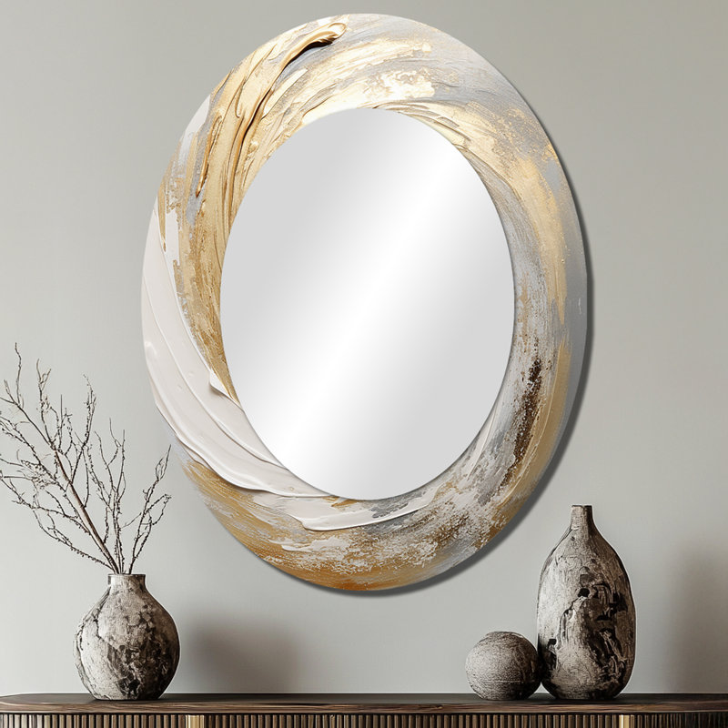 Gold And White Soft Wave Vortex III - Abstract Oval Decorative Mirror On Metal, 40" x 30"