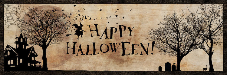 « happy halloween », impression sur toile tendue, H 20 po x l 60 po x P 1,5 po, Pas de tapis