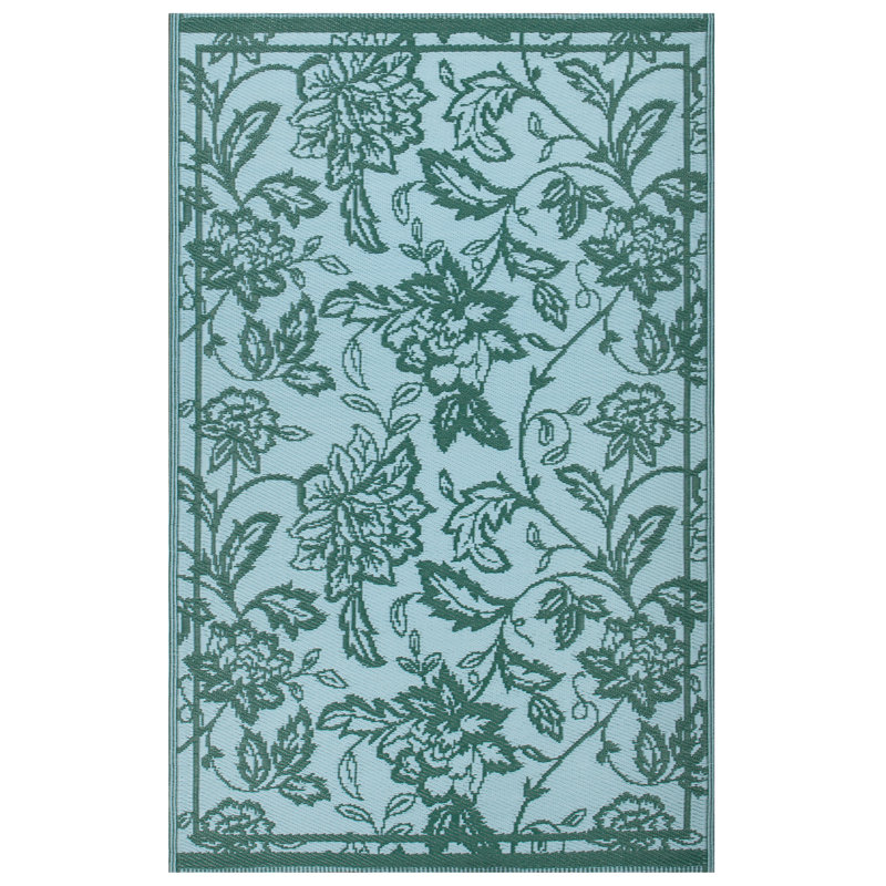 Anemone Floral Flatweave Indoor / Outdoor Area Rug, Teal