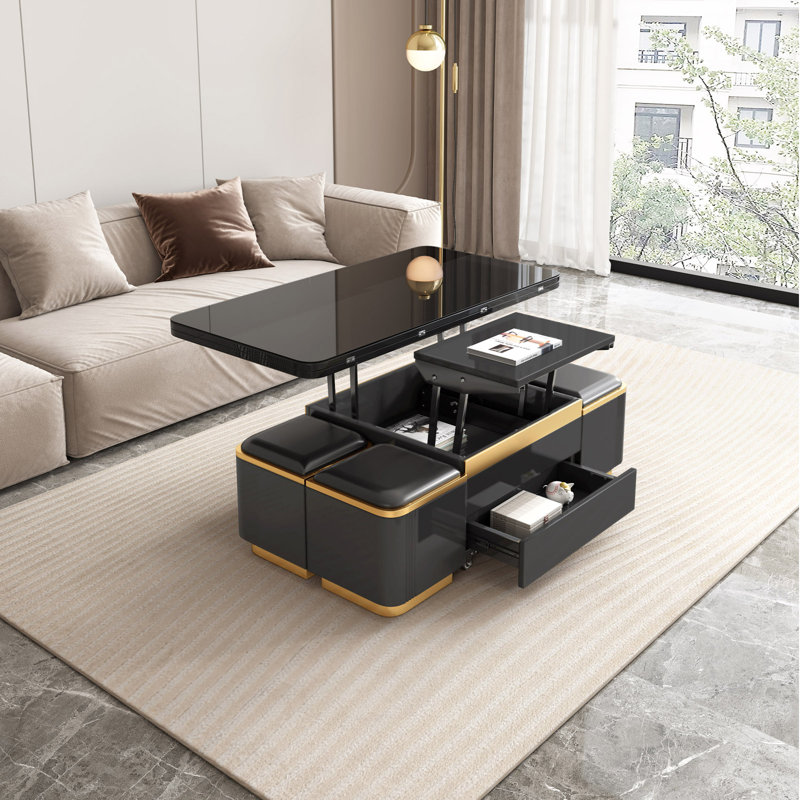 Table basse à plateau relevable moderne de 47,24 po avec 4 tabourets, table centrale extensible pour le salon, la salle à manger et le bureau