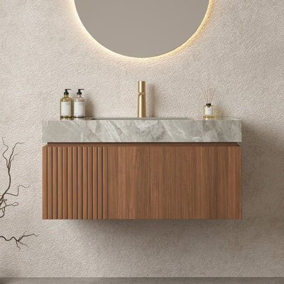 Meuble-lavabo de 36 po avec lavabo, armoire de rangement murale en contreplaqué avec tiroir et porte, comptoir en pierre frittée gris clair et lavabo en céramique, pré-assemblé, couleur grain de bois espresso