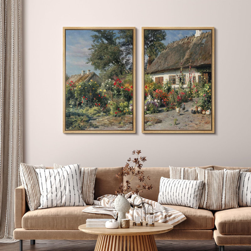 «Rustic Charm Thatched Cottage And Blossoming Garden», 2 pièces sur toile, Naturel, H 24 po x l 32 po