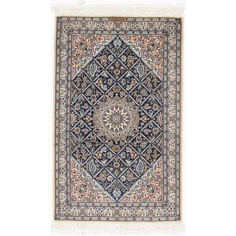 Tapis unique bleu marine / beige noué à la main 3 pi 3 po x 5 pi 3 po Persian Classic