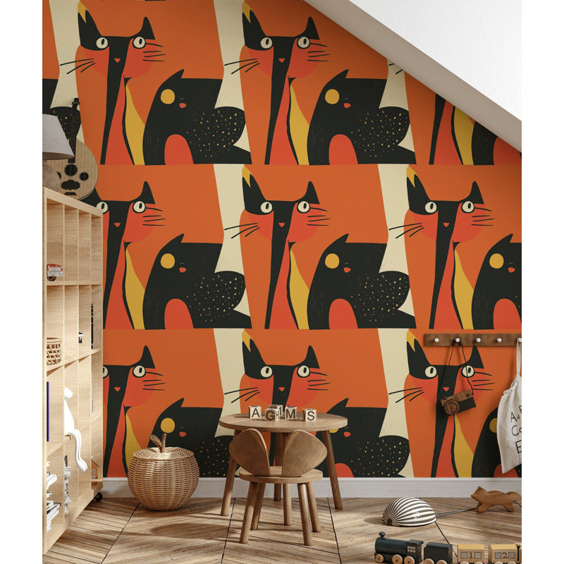Retro Cat Abstract Peel and Stick Wallpaper Orange Wall Mural Removable