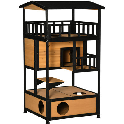 Yellow Wooden Cat House, Solid Construction With Escape Doors And Jump Platform For Fun Outdoor Shelter Asphalt Roof, , Doors, Jumping 10 Lbs Feline Friends