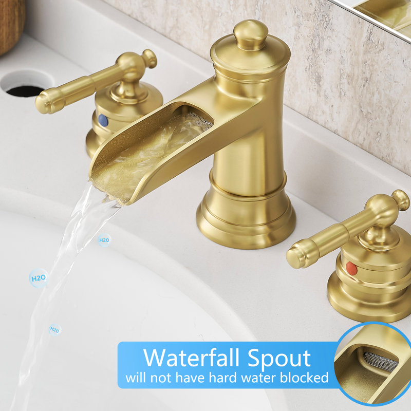 Bathroom Faucet 8 Inch Widespread, 3 Hole Basin Mixer Tap In Brushed Gold, Double Lever Handle, Ceramic Cartridge, Side , Deck-Mounted Gold Widespread Faucet, Sink With Hose, Installation