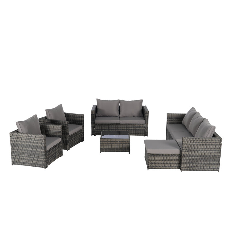 6 Piece Outdoor Conversation Set, Patio Sectional Sofa Set With Cushions And Glass Table, 11.82"H x 23.61"L x 25.22"W