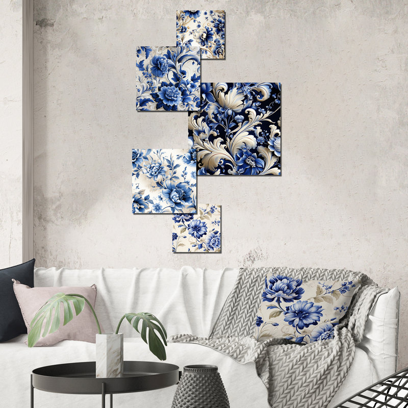 Cobalt Blue and White Floral Metal Wall Art Set of 5 Panels