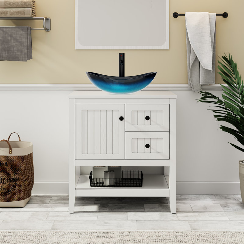Ensemble de meuble-lavabo simple 30 po avec lavabo vasque, robinet et drain Sharee, assemblage requis, Blanc