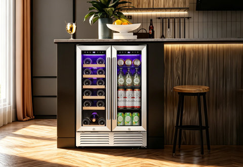 Stainless steel dual-zone beverage and wine cooler installed in a dark kitchen island with interior purple LED lighting and wooden shelves.