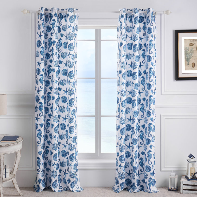 Ocean Blue Seashell Print Light-Filtering Polyester Window Panels