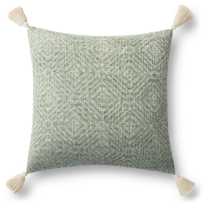 Tassels Cotton Throw Pillow, Green, Down