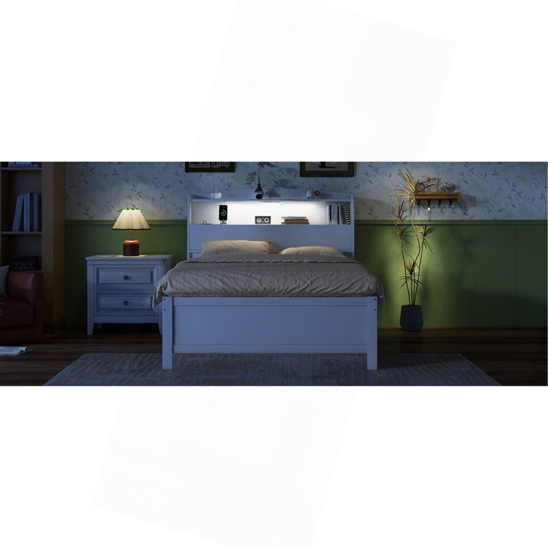 Lit plateforme en bois avec lit gigogne et tête de lit à DEL avec tiroirs, Lit double, Blanc