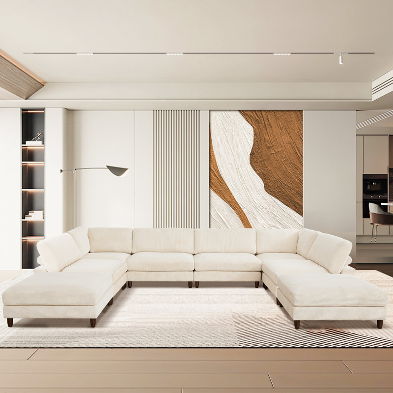 176" W 8-Piece Reversible Corduroy Modular Sectional, White Corduroy