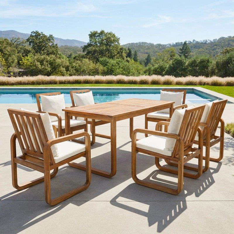 Ensemble de salle à manger 7 pièces pour patio moderne avec bois d'acacia durable et coussins hydrofuges, Beige
