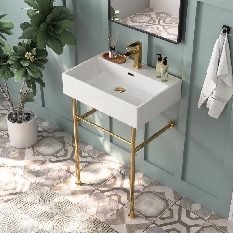 Ceramic White Rectangular Single Faucet Hole 24 in Console Bathroom Sink with Overflow, White/Gold
