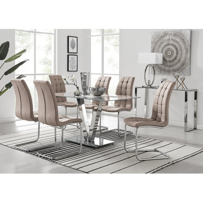 Ransart Modern Luxury Glass & Metal Dining Table Set With 6 Modern Faux Leather Dining Chairs