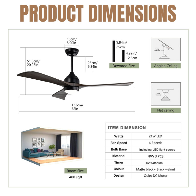 52" Ceiling Fan With Lights, Remote Control, Quiet Dc Motor, 3 Blades, 6 Speeds, Reversible For Living Room, Bedroom, Office, Patio (Matte Black + Black Walnut)