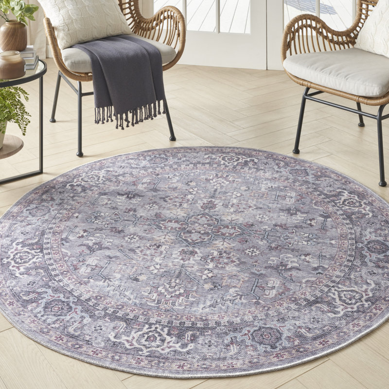 Machine Washable Oriental Gray Area Rug, Round 5'3"