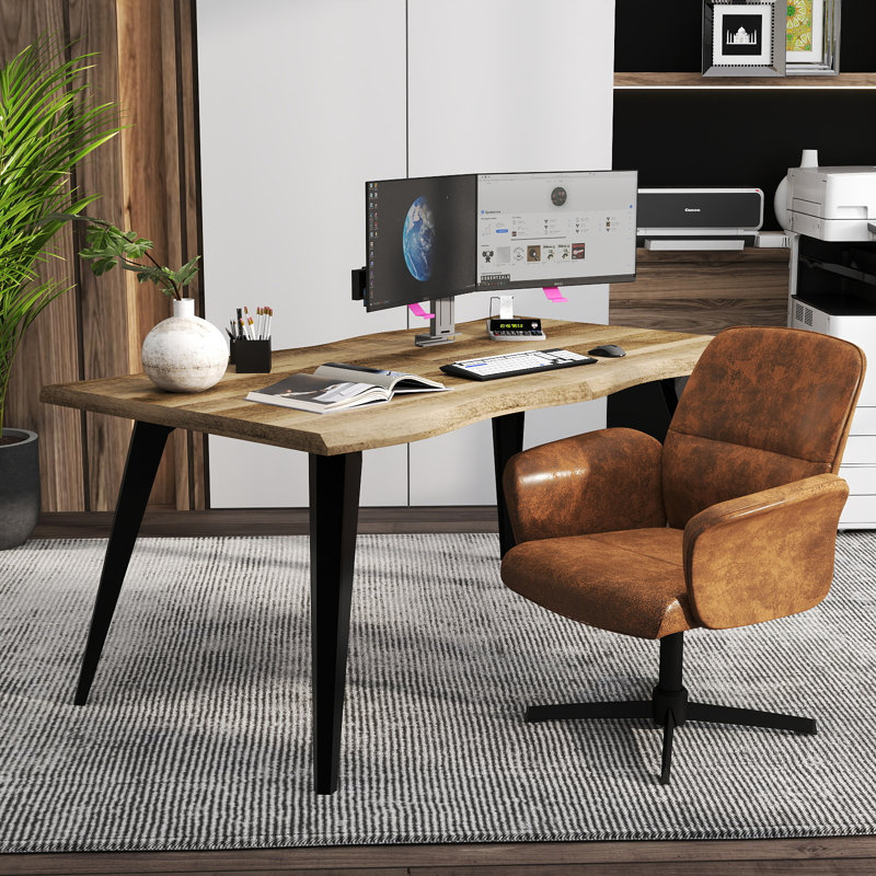 Modern Home Office Desk and Swivel Chair Set – 63" Desk Top with Wave Edge & Adjustable Fabric Upholstered Chair