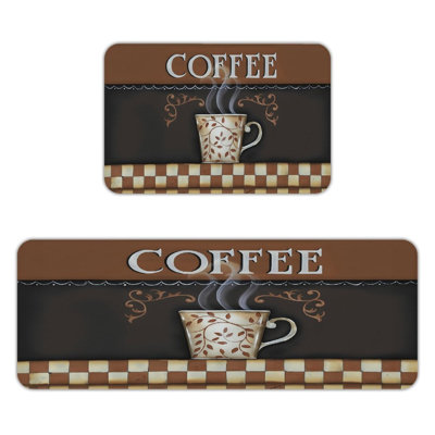 Kitchen Mats Coffee Cup Pattern Brown Beige 2-Piece Set Kitchen Coffee Bar