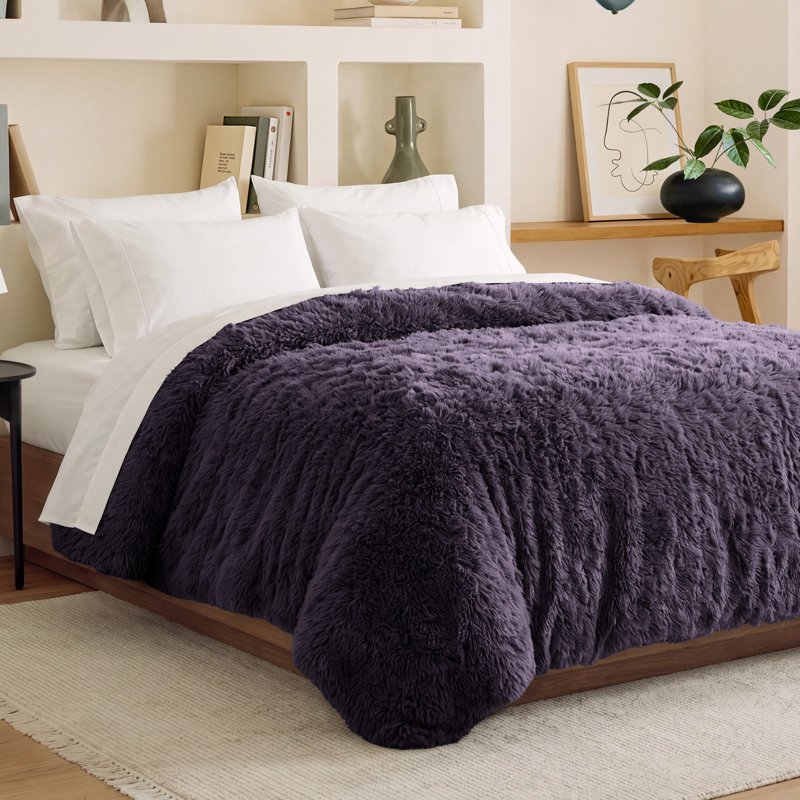 Shaggy Fleece Plush Duvet Cover, Queen Duvet Cover, Eggplant