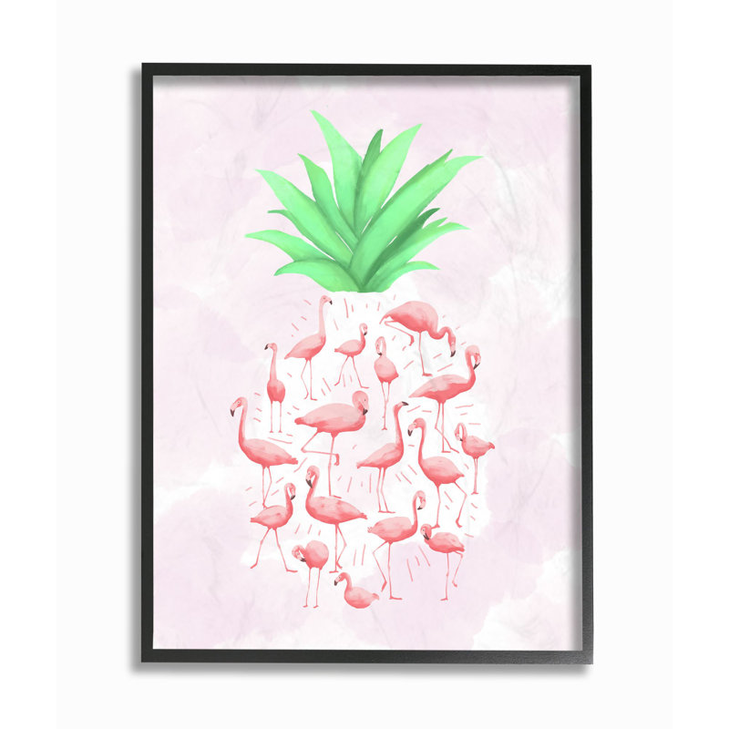 « flamant rose ananas animal rose design », impression, H 14 po x l 11 po, Giclée encadrée noir minuit