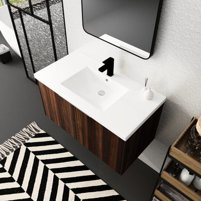 36 Inch Wall Mounted Bathroom Vanity, Modern Style, Soft Close Door, 2 Doors, Walnut, Ample Storage Facilities Appeal Meeting Functional Demands, For Regular Jobs