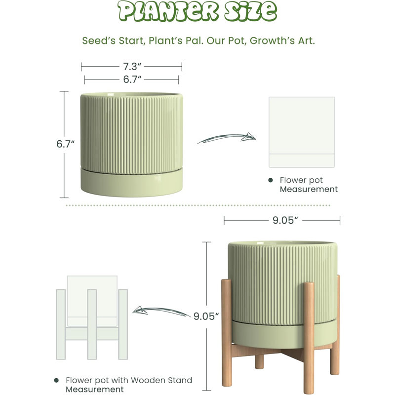 Pot 7,3 "en céramique avec trou de drainage et soucoupe vert