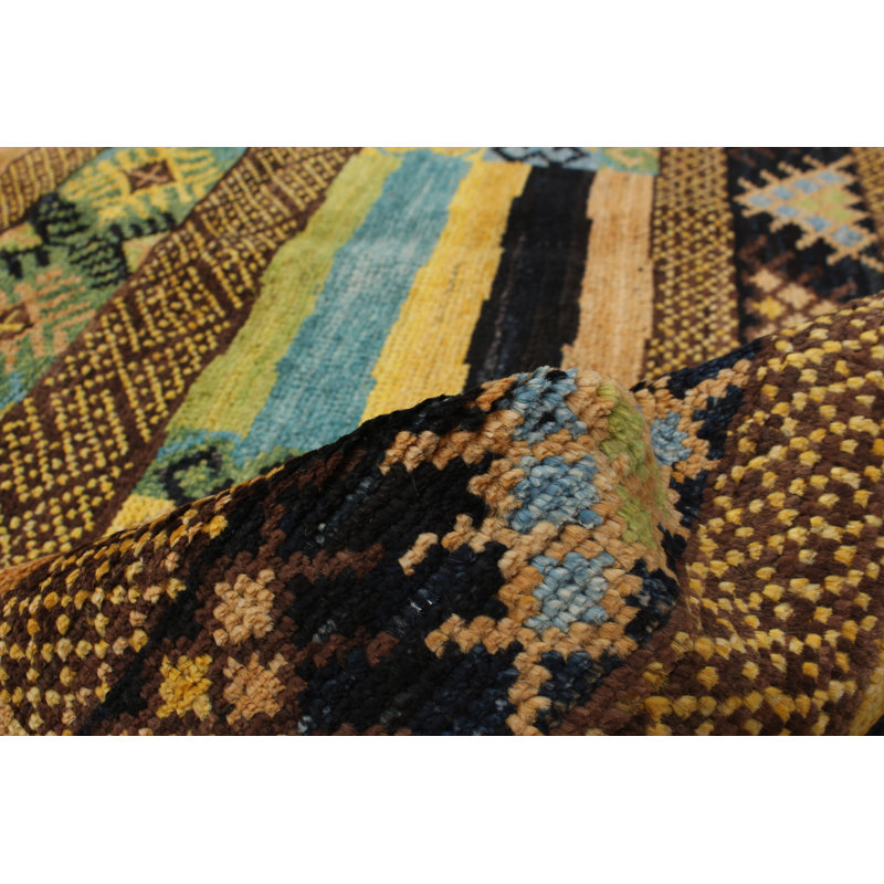 Tapis unique en laine noué à la main brun / bleu / jaune 6 pi 5 po x 9 pi 5 po Architha