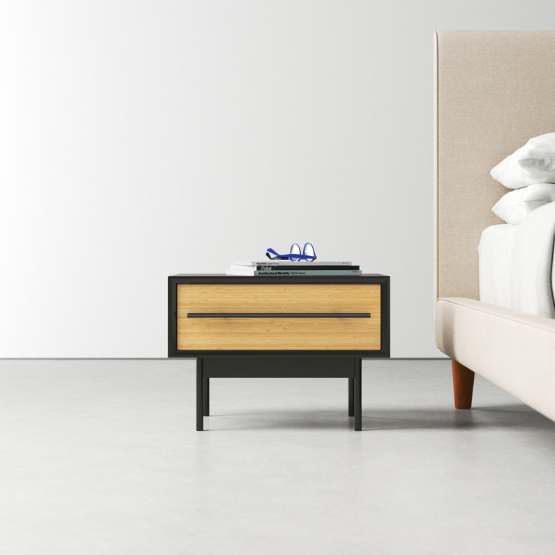 Black and Natural Bamboo 1-Drawer Nightstand with Metal Handle