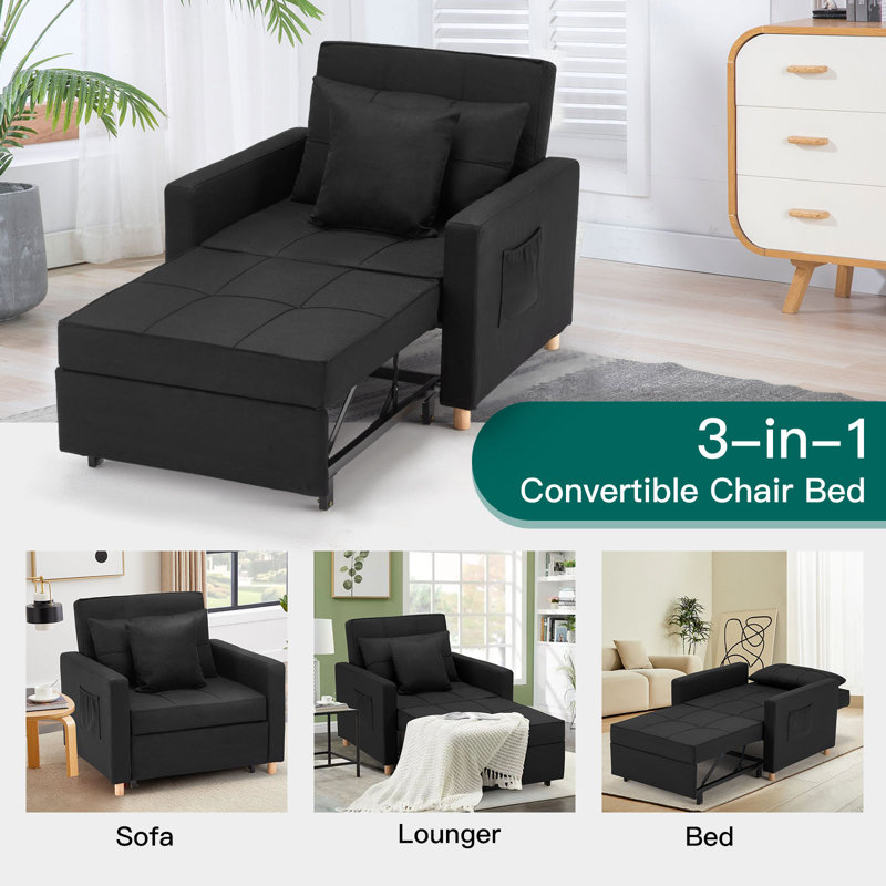 Heckman 40" Sleeper Chair,  3-in-1 Convertible Chair Bed, Black 100% Linen