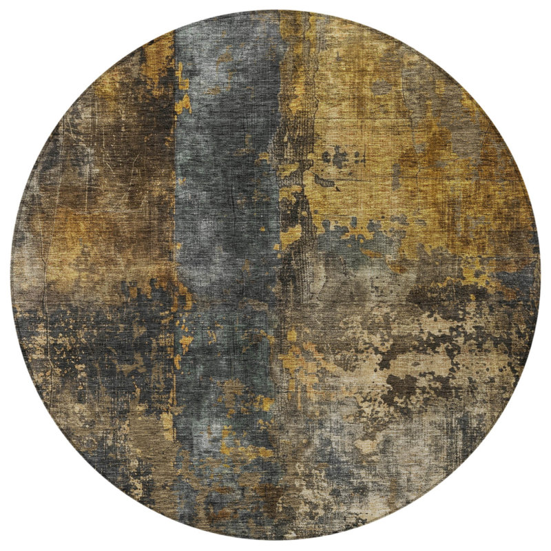 Tapis d'intérieur rond lavable abstrait gris et doré 8 pi