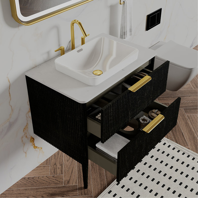 Meuble-lavabo autoportant pour salle de bain moderne rayé en chêne noir SANS lavabo, pré-assemblé