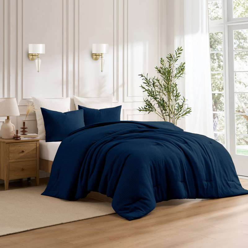 Kathy Ireland 3 Pc Waffle Comforter Set, Queen Comforter + 2 Queen Shams, Navy