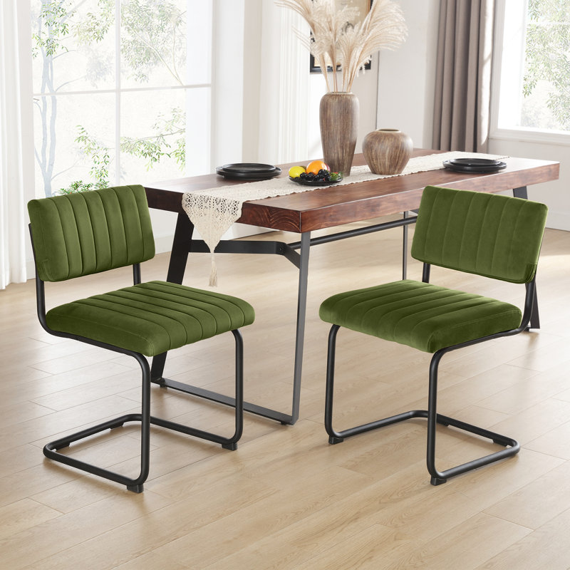 Aveon 19.6" H Mid-Century Modern Channel Velvet Cantilever Dining Chairs, Olive Green Velvet/Matte Black