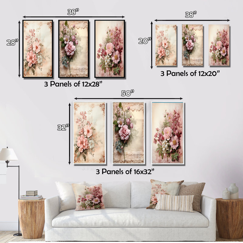 "Bouquet de roses roses en fleurs" - 3 pièces sur toile, H 20 po x l 36 po, Toile tendue