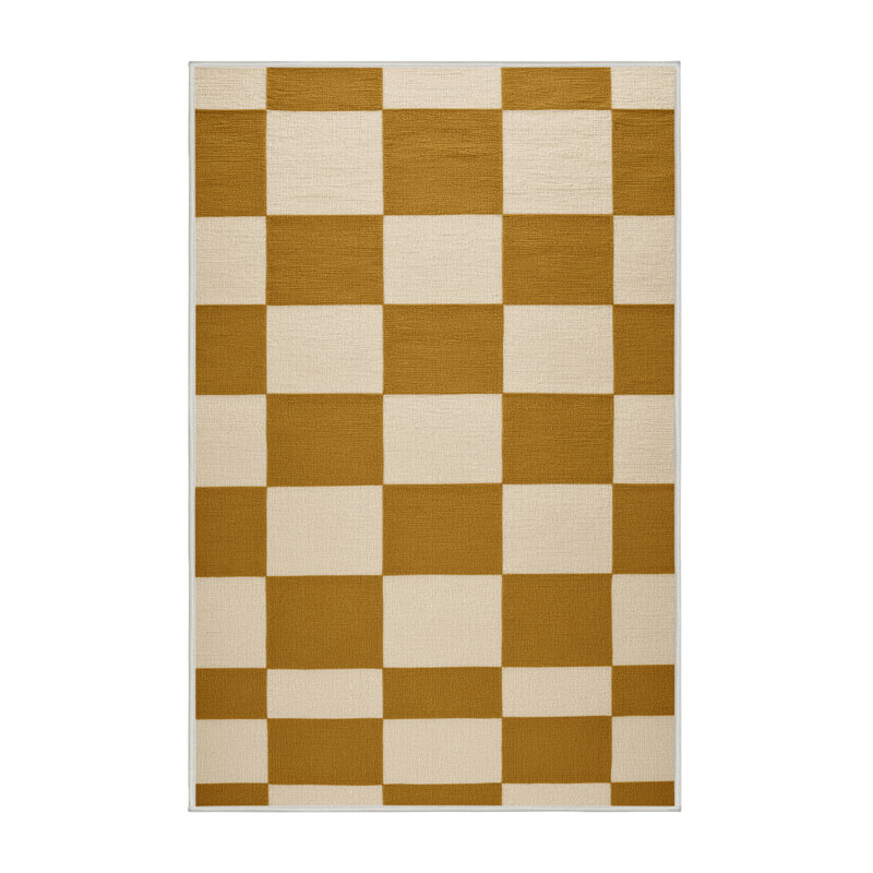 Tapis beige à carreaux lavable à la machine, Rectangle 7 pi x 9 pi