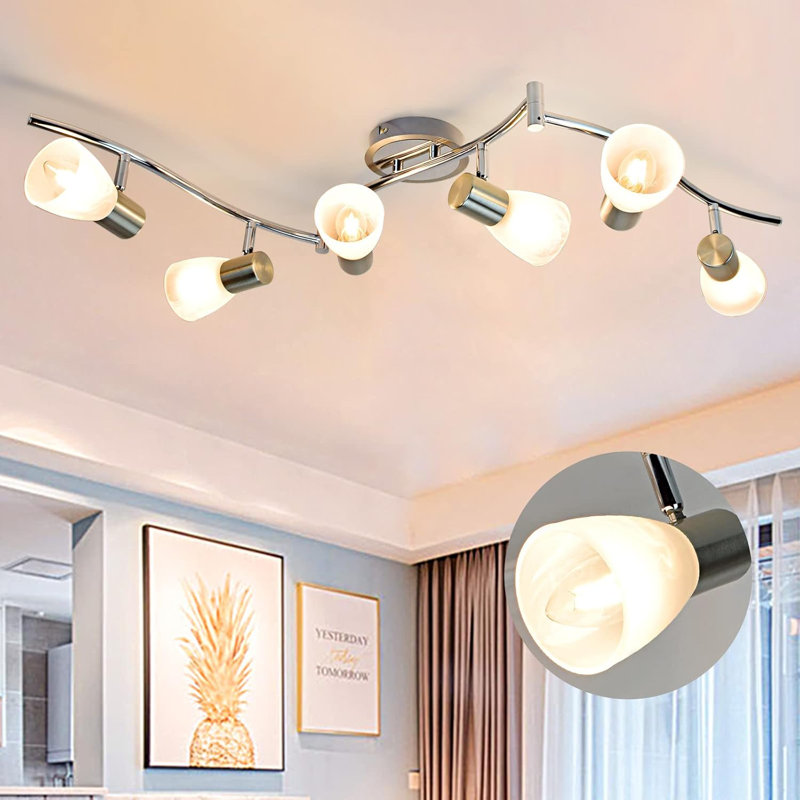 6-Light Flexible Track Lighting Rail Modern Directional Led Spot Ceiling Light Fixture With Glass Shade E12 Base Brush Steel